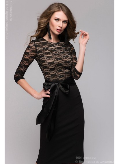 Платье черное с гипюровым верхом и атласным поясом