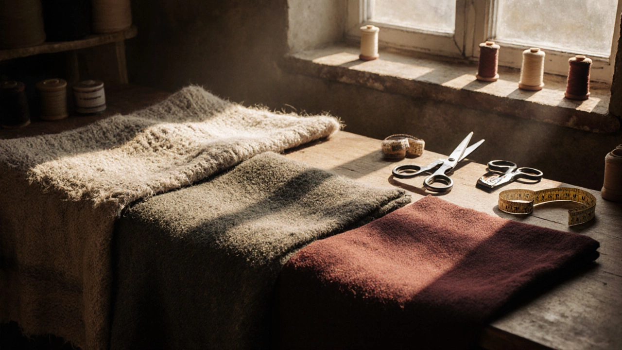 Близкий план локальных российских тканей: хлопок, шерсть, лен и инновационный материал на деревянном столе.