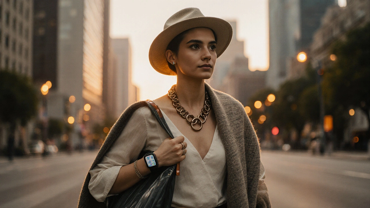 Человек в городском вечернем свете в шляпе, экологичной сумке, смарт‑часах и шапке‑шарфе.
