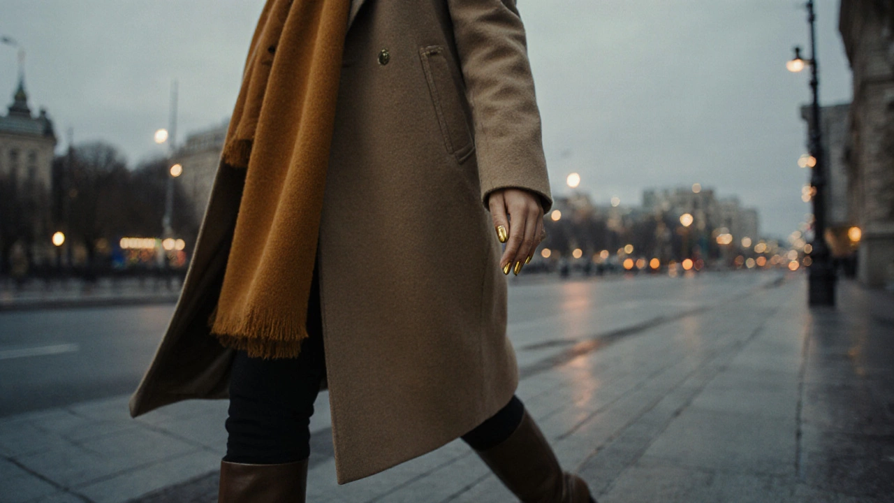 Девушка в осеннем пальто с блестящими золотыми ногтями проходит по Москве.