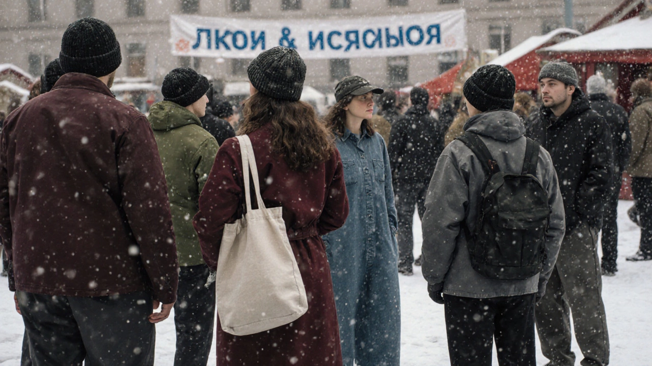 Группа людей в практичной одежде из натуральных тканей на ярмарке в снежном городе, без логотипов и модных деталей.