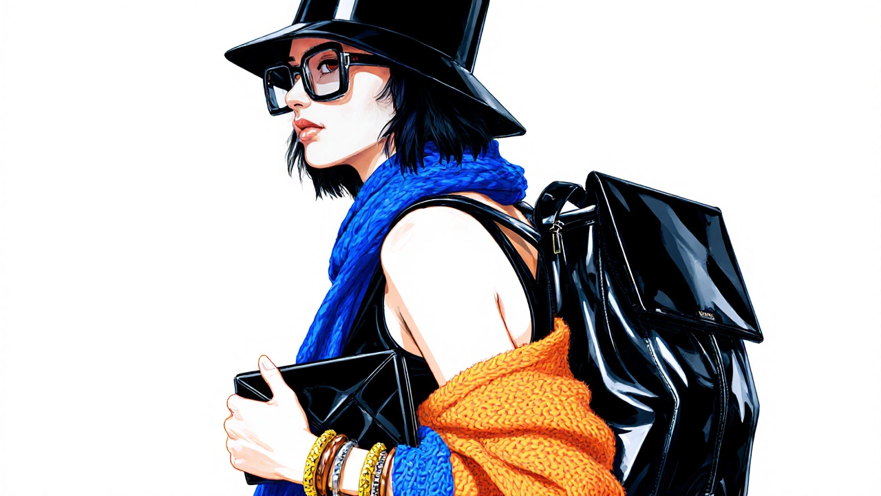 Модель в кубической шляпе, трансформируемой сумке‑клатче, ярких очках и металлической бижутерии.