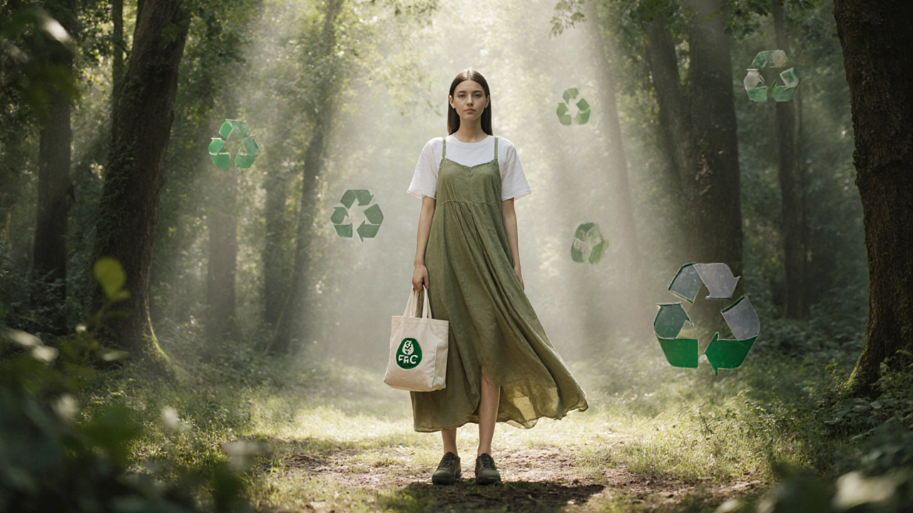 Модель в платье из TENCEL™ и обуви из переработанного каучука стоит в солнечном лесу, подчёркивая устойчивый стиль.