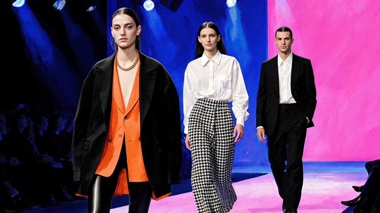 Модели на подиуме 2024 года в ярких андрогинных образах от Balenciaga, Gucci и Saint Laurent.