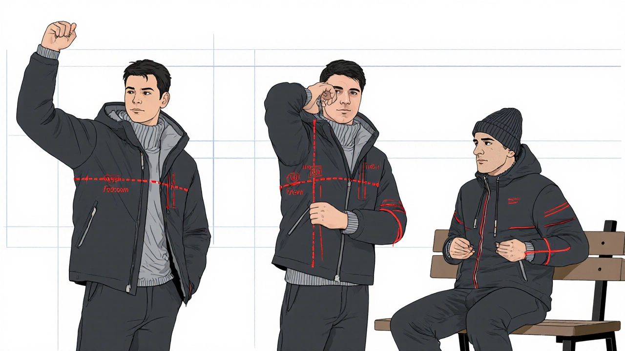 Мужчина проверяет посадку зимней куртки: поднимает руки, сгибает локти и сидит, чтобы убедиться в свободе движения.