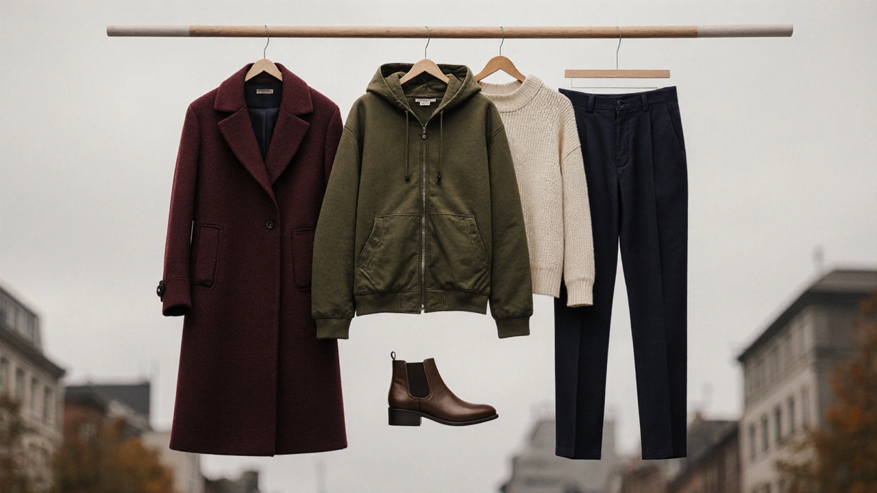 На деревянной вешалке аккуратно висят бордовое пальто, оливковая куртка, тёмно-синие брюки, кремовый свитер и коричневые ботинки.