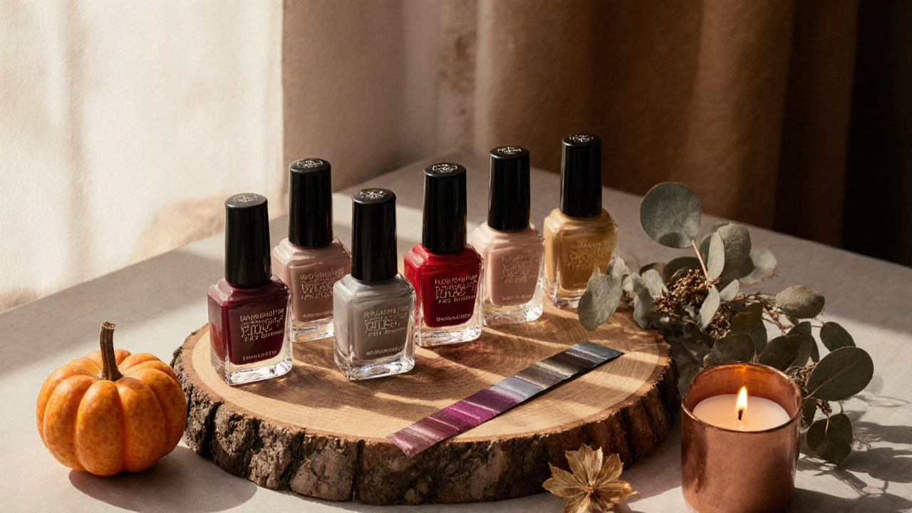 Набор из пяти бутылочек лака с оттенками осени на деревянном столе.