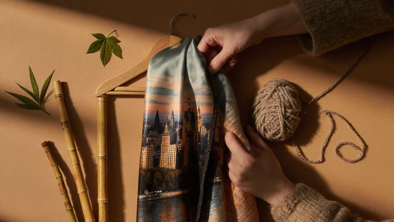 Шёлковый шарф на вешалке с отражением города и натуральными элементами вокруг.