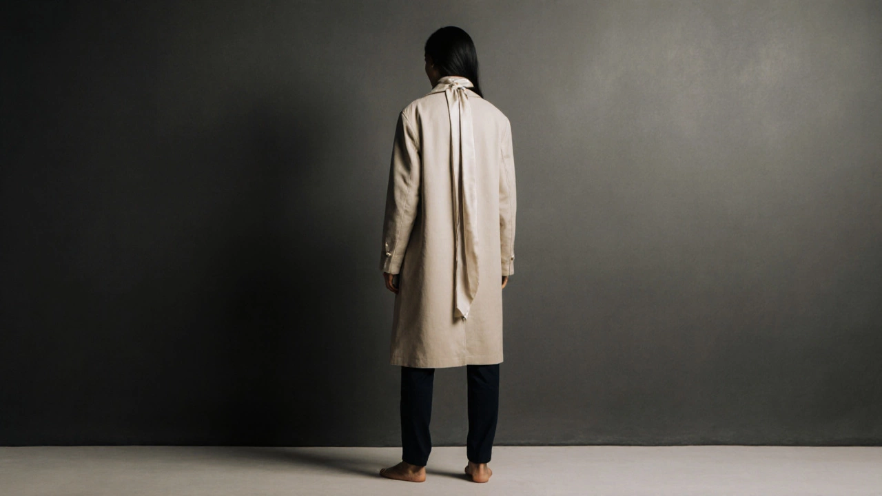 Силуэт женщины в удлиненном жакете и тонких брюках, стоящей на фоне градиентной стены, без аксессуаров.