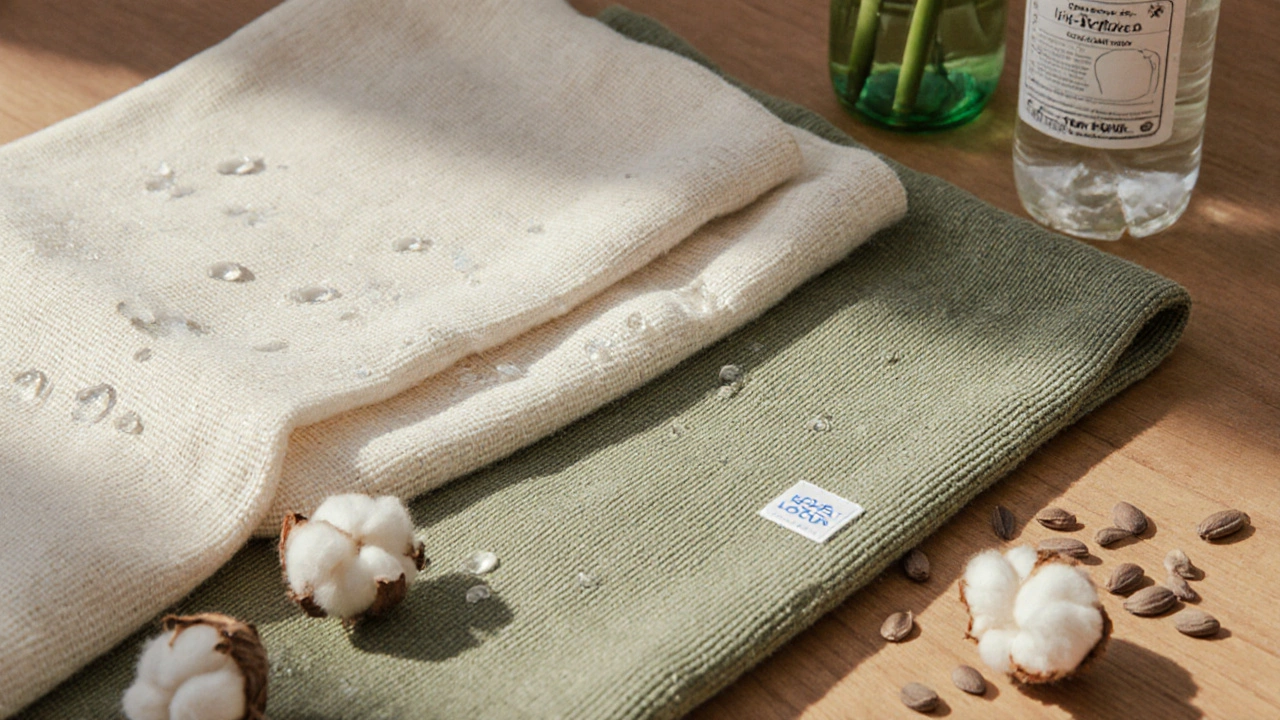 Ткани: органический хлопок, лён, вискоза из бамбука и переработанный полиэстер на деревянном столе.