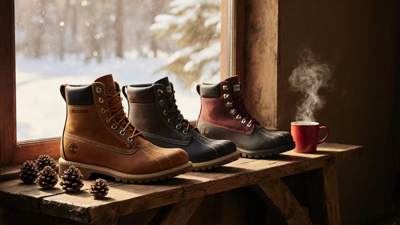 Три модели зимних ботинок (Timberland, Sorel, Columbia) на деревянной скамье рядом с сосновыми шишками и чашкой.
