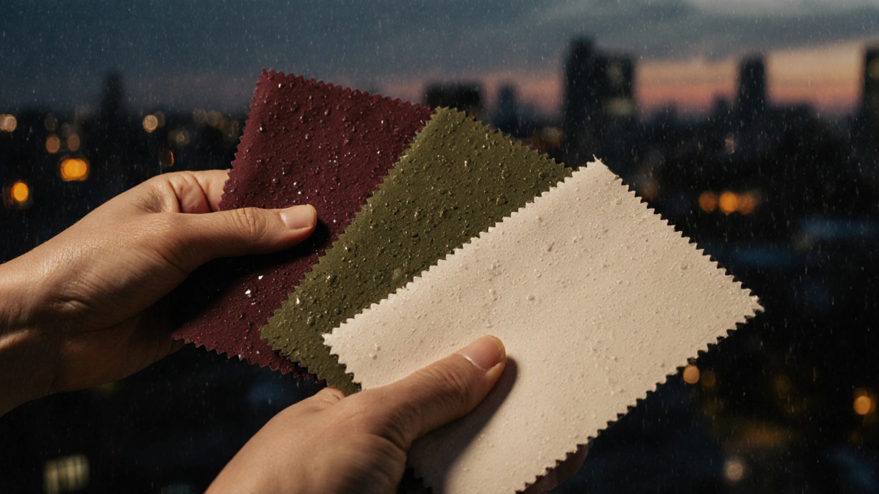 Три отреза ткани — бордовый, оливковый и кремовый — на фоне городского пейзажа при закате, на ткани капли дождя.