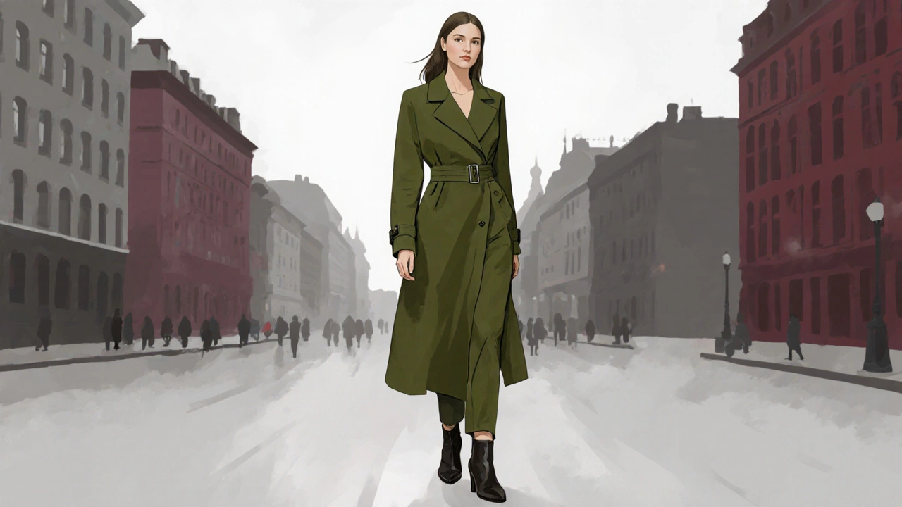 Женщина в оливковом пальто с поясом на талии и прямыми брюками, стоящая на осенней улице.