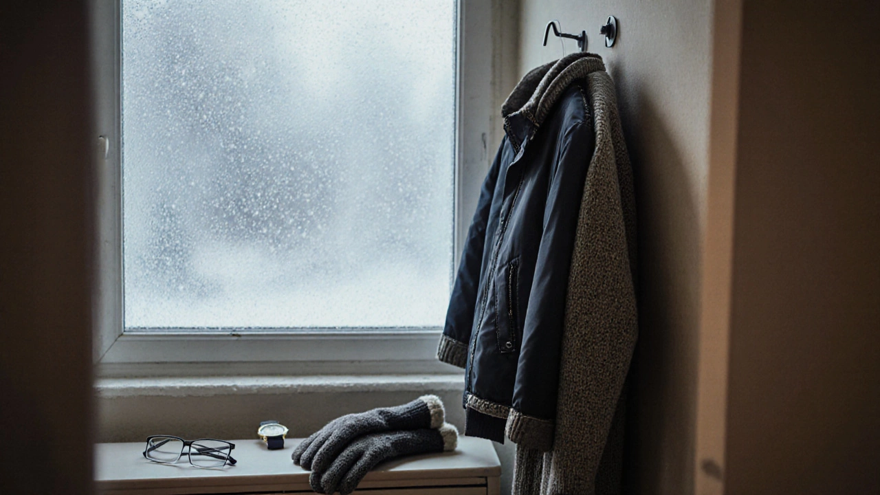 Зимняя куртка висит на крючке с термобельем и перчатками рядом, на фоне замерзшего окна.