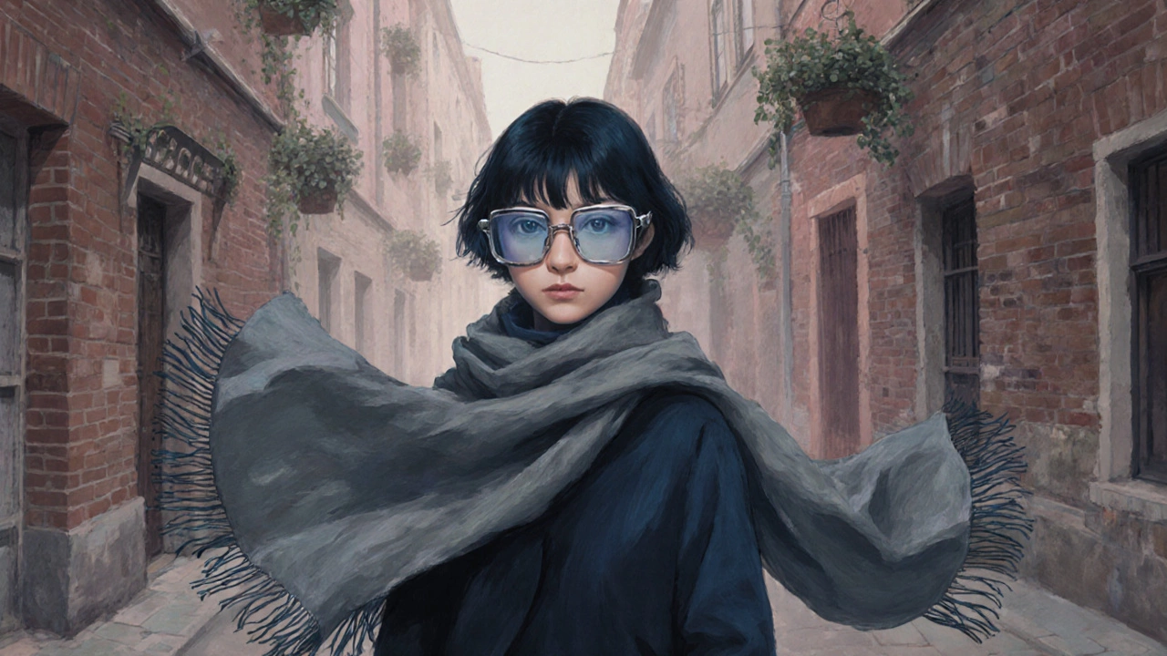 Большие очки с прозрачными линзами и длинный шарф из льна, развевающийся на фоне московского переулка.