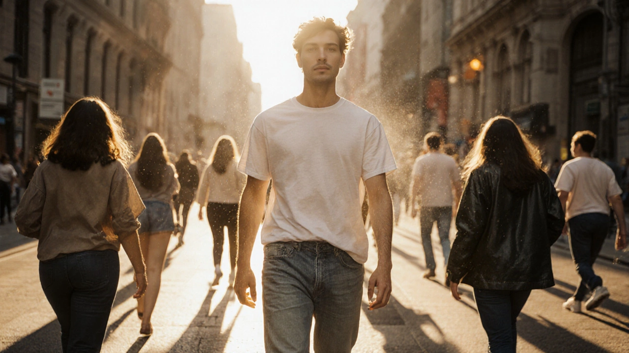 Человек в хлопковой футболке и джинсах гуляет по городу среди людей в синтетической одежде.