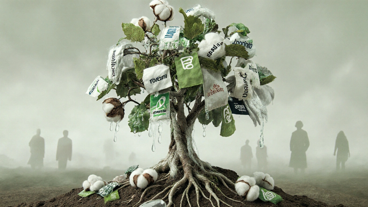 Дерево, растущее из синтетических отходов, с плодами в виде хлопков и листьями в виде ярлыков.