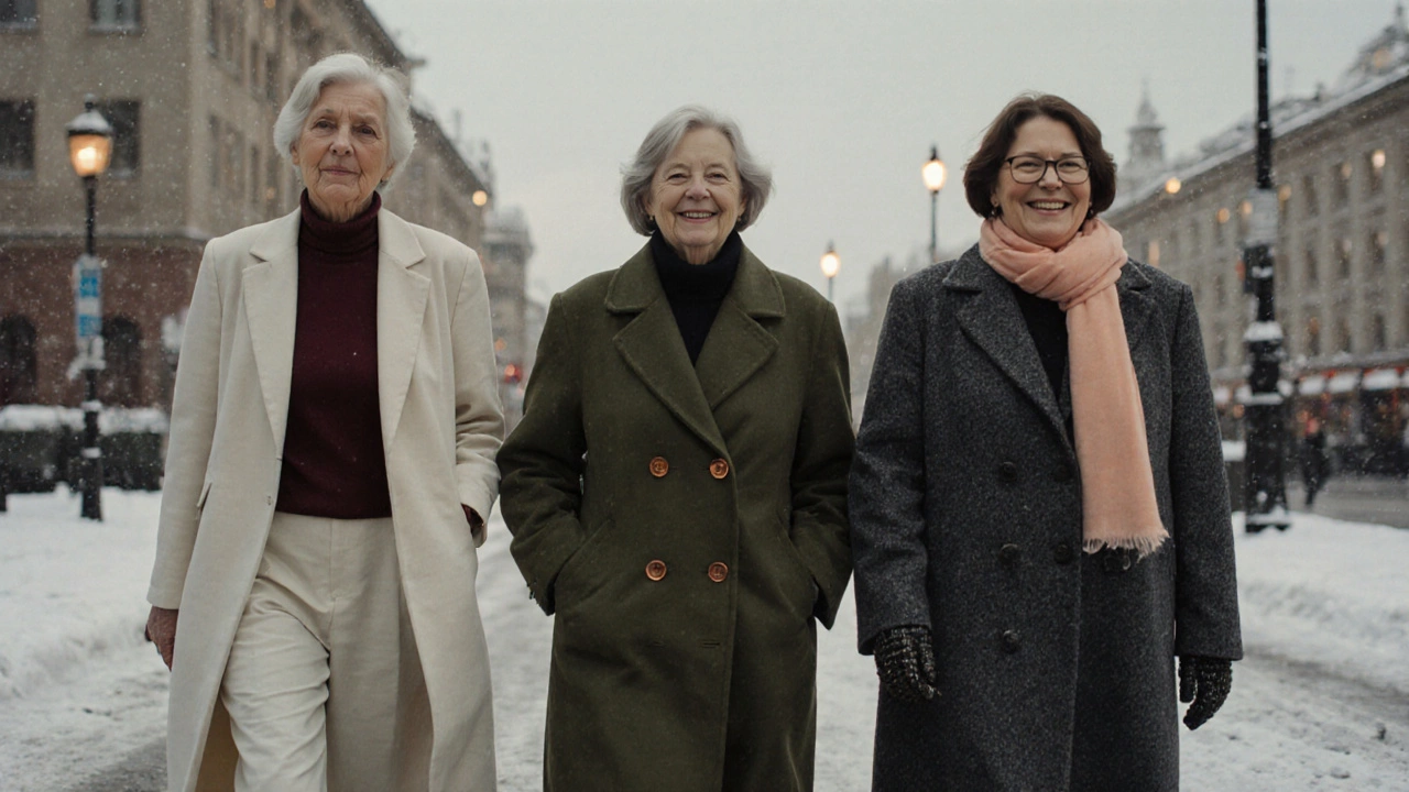 Группа женщин 50+ гуляют по снежной улице в Москве, одетые в теплые, естественные цвета.