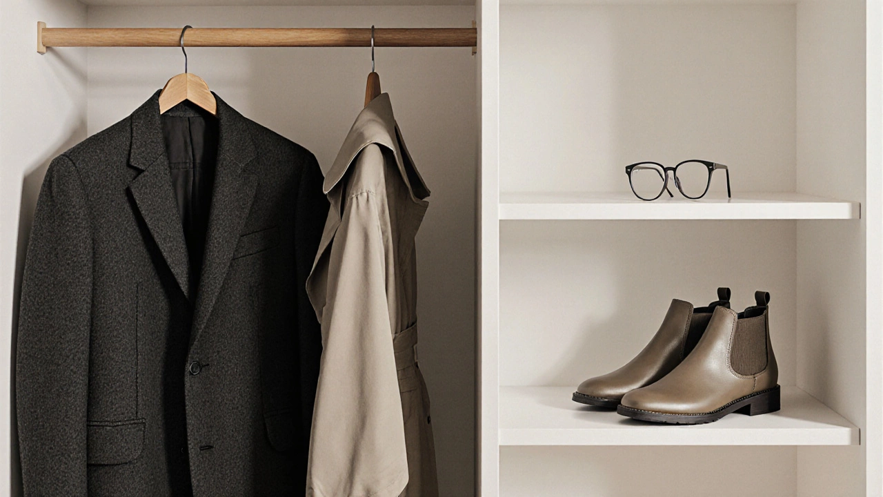 Минималистичный гардероб с пальто из переработанного пластика, шерстяным пиджаком и обувью на низком каблуке.