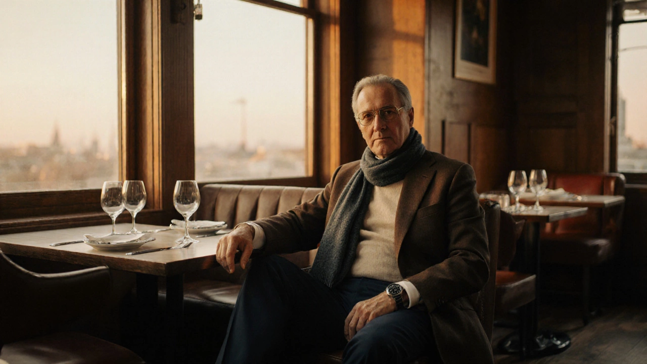 Мужчина сидит в ресторане в тёмно-синих брюках, бежевой рубашке и кашемировом свитере под пиджаком, с тонким серым шарфом.