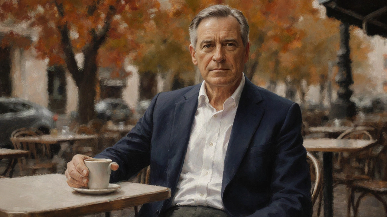 Мужчина в темно-синем пиджаке и белой рубашке сидит в кафе, за ним осенние деревья в приглушенных тонах.