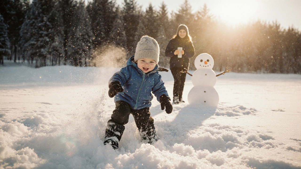 Ребёнок радостно играет в снегу в правильно подобранной зимней одежде, за ним наблюдает родитель.