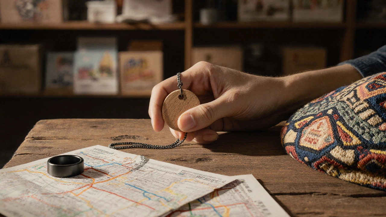 Рука с деревянным ожерельем на тонкой цепи, рядом — кольцо, карта метро и вышитая кепка на деревянной поверхности.