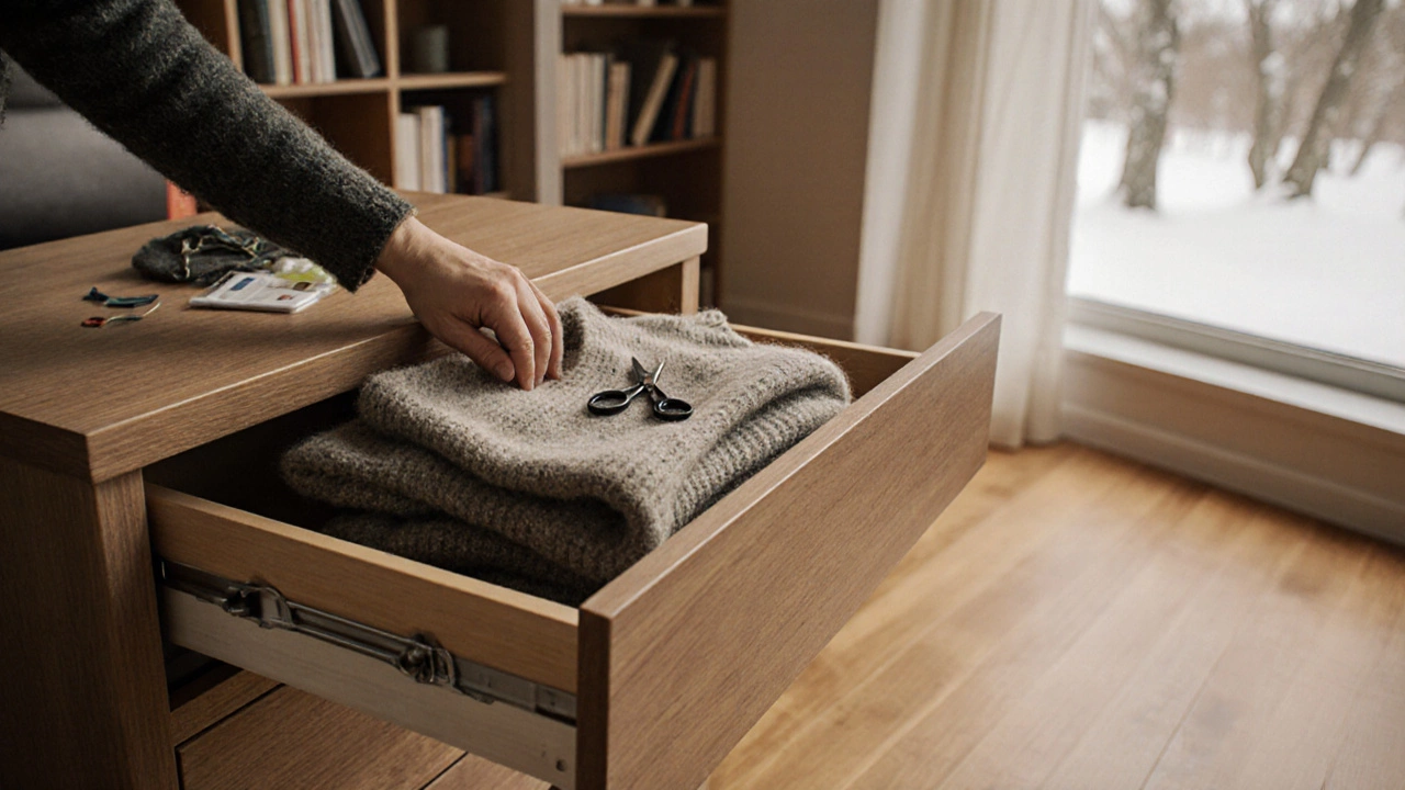 Рука складывает свитер в ящик рядом с нитками и ножницами — символ ремонта и долговечности одежды.
