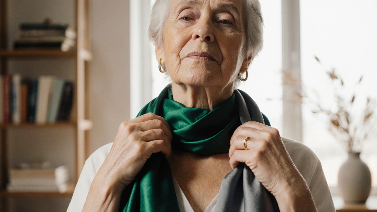 Руки женщины с двумя шарфами — изумрудным и серым — на фоне окна с дневным светом.