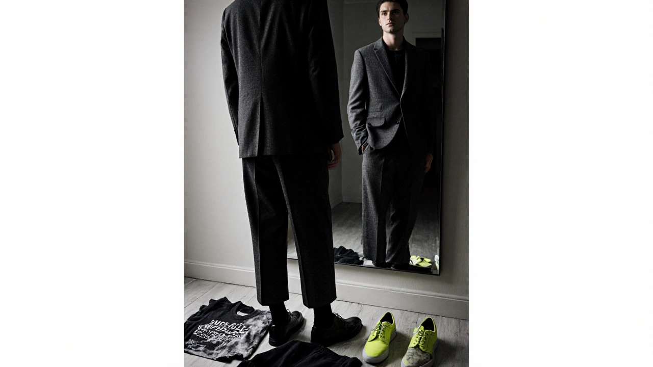Силуэт мужчины перед зеркалом в классическом пиджаке, у его ног — бросленные спортивные вещи в размытом фоне.