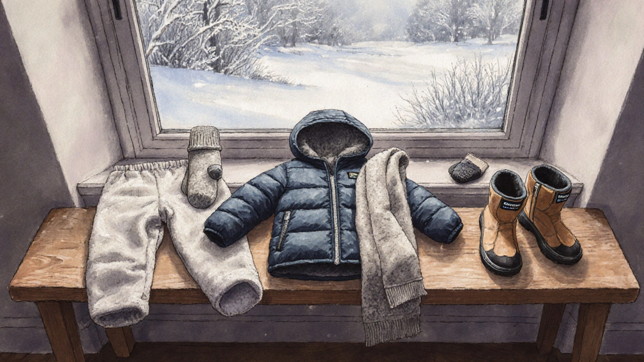 Слойная зимняя одежда для ребёнка: термобельё, штаны, куртка, ботинки, шарф и перчатки, аккуратно разложены на деревянной скамье.
