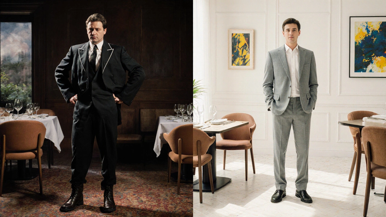 Сравнение старого и нового стиля одежды официантов: устаревший костюм и современный ансамбль в ресторане.