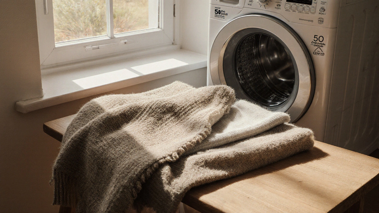 Ткани: хлопок с эластаном, термостабилизированный лён и реконструированная шерсть на деревянном столе с этикеткой &#039;50 стирок&#039;.