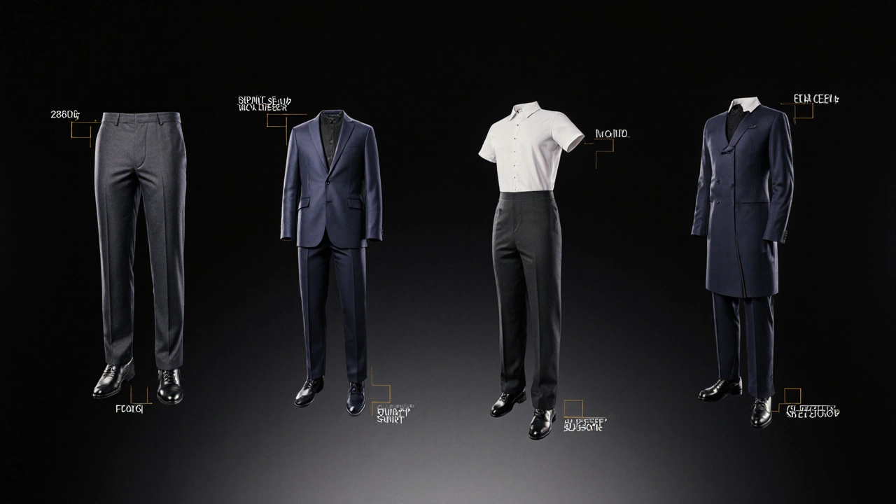 Воздушная композиция современной униформы официанта: брюки, пиджак, рубашка и обувь на прозрачном фоне.