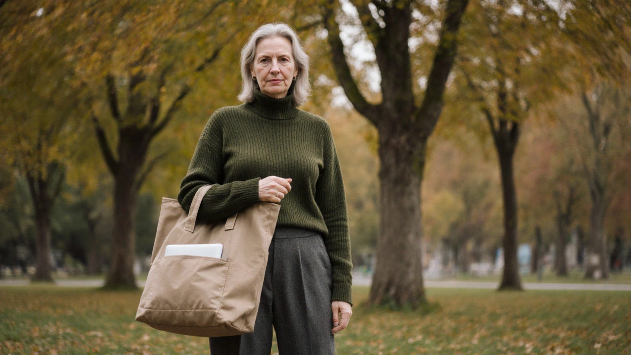 Женщина в оливковом свитере и серых брюках с сумкой-шоппером в парке, мягкий осенний свет, спокойная атмосфера.