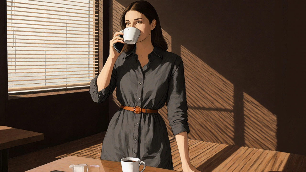 Женщина в платье-рубашке из льна с тонким кожаным поясом сидит в кафе, пьет кофе.