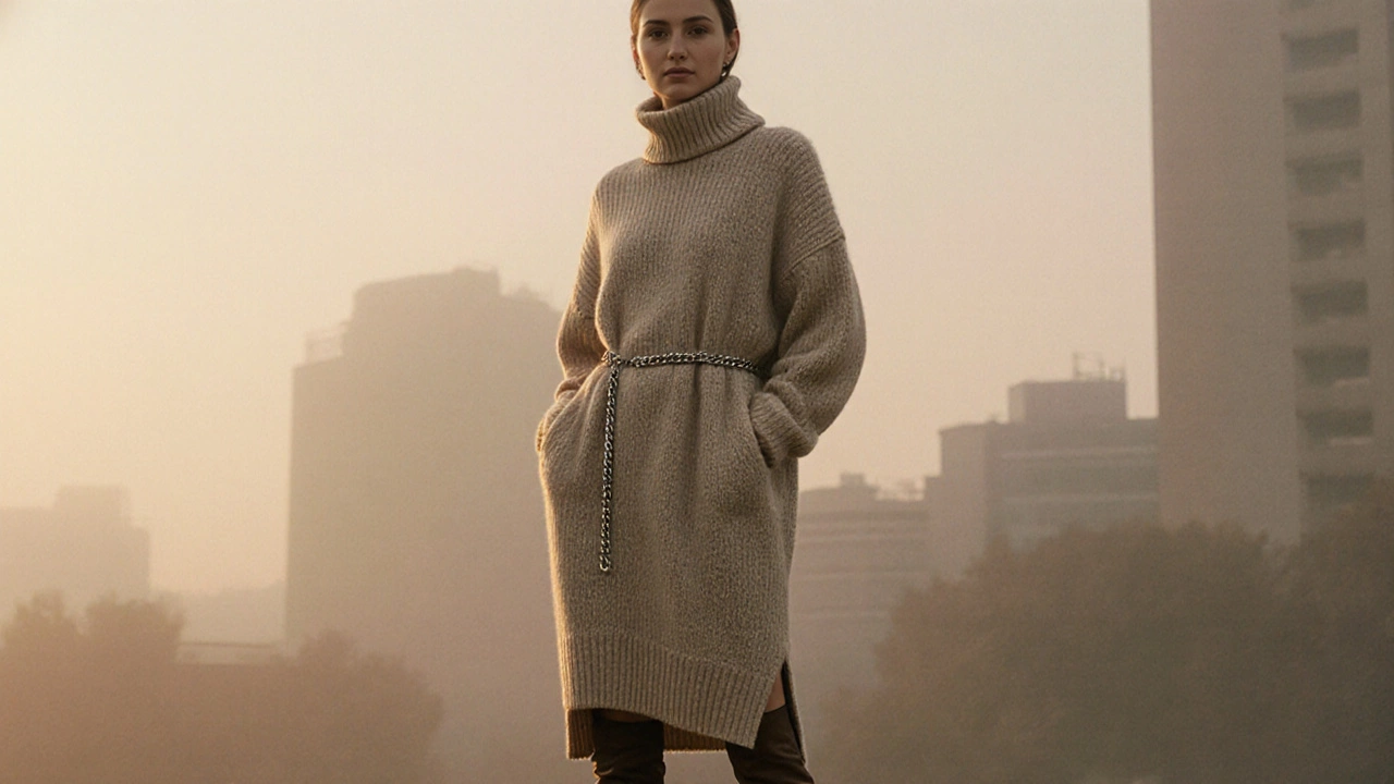Женщина в свитер-платье бежевого цвета с карманами и высоким воротником стоит в туманном городе.