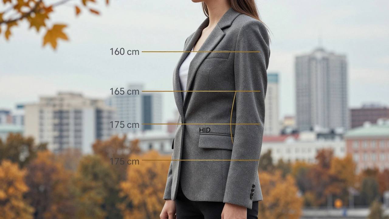 Боковой вид женщины в пиджаке с золотыми линиями, обозначающими идеальную длину по росту.