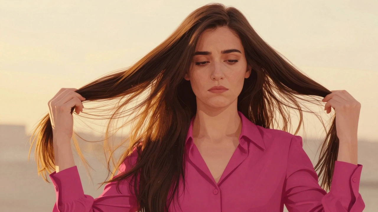 Длинные прямые волосы тянут лицо вниз, создавая эффект двойного подбородка и усталости.