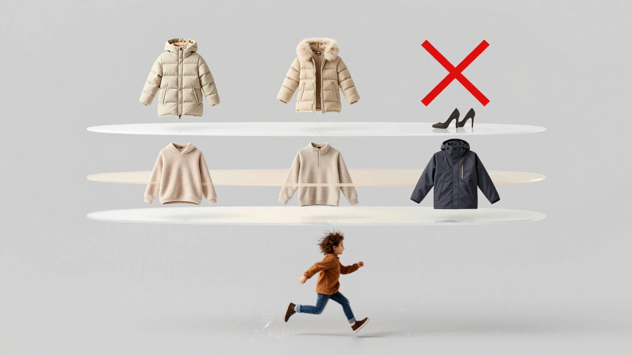 Концептуальное изображение слоев детской одежды: базовый, теплый и внешний слой, с запрещенными элементами в виде красных крестов.