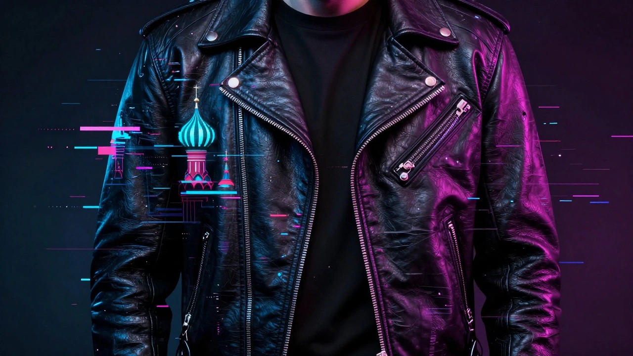 Кожаная куртка с цифровым глитч-принтом, искажённым пикселями и неоновыми акцентами.
