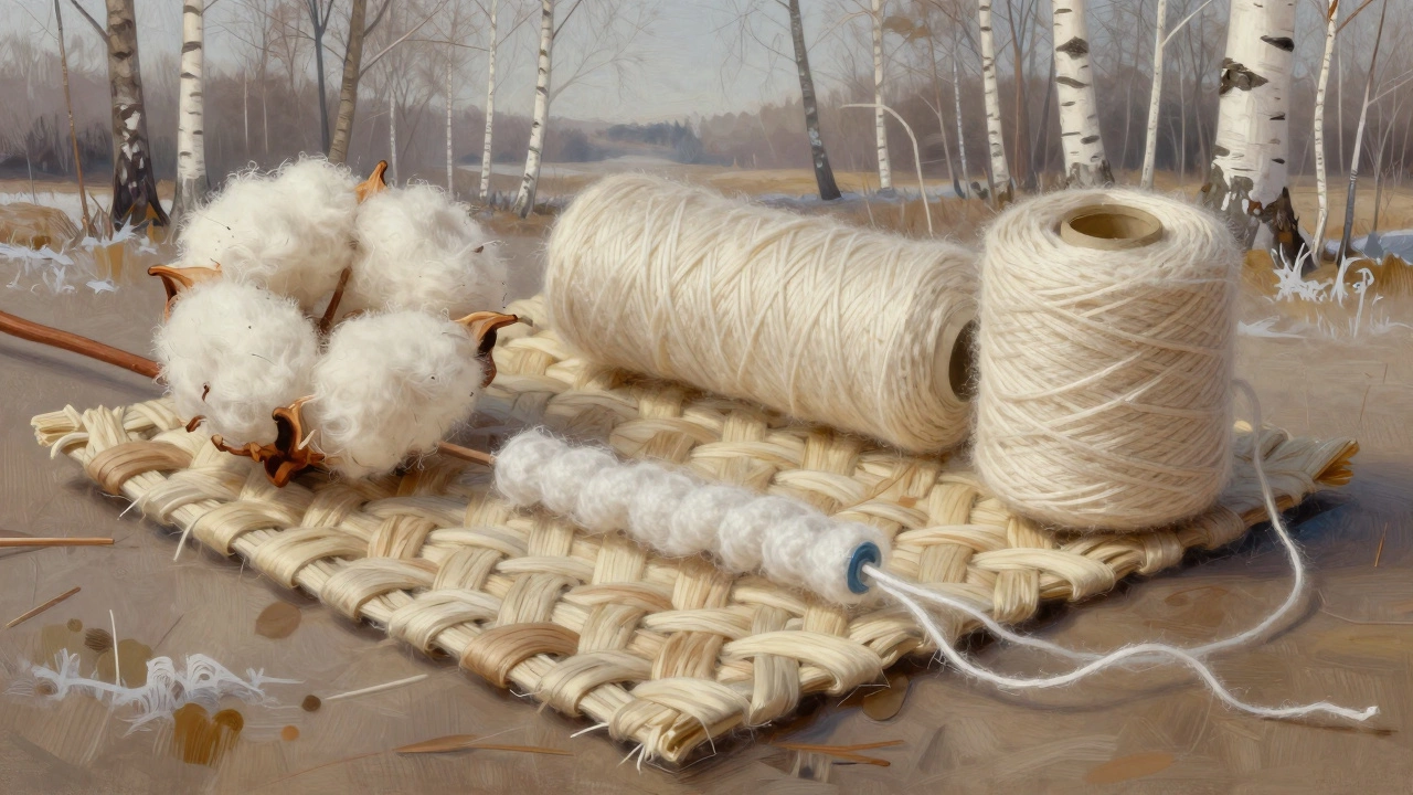 Крупный план тканей: органический хлопок, мериносовая шерсть, TENCEL™ и переработанный полиэстер на светлом фоне.