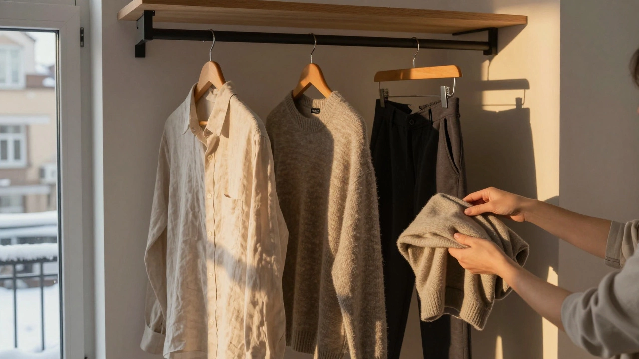 Минималистичная полка с одеждой из натуральных и экологичных тканей в светлом интерьере московской квартиры.