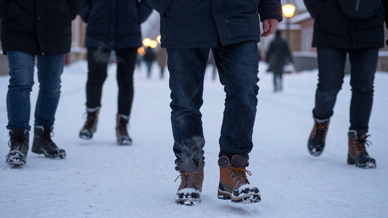 Мужчина идет по снегу в просторных зимних ботинках, другие вокруг страдают от тесной обуви.