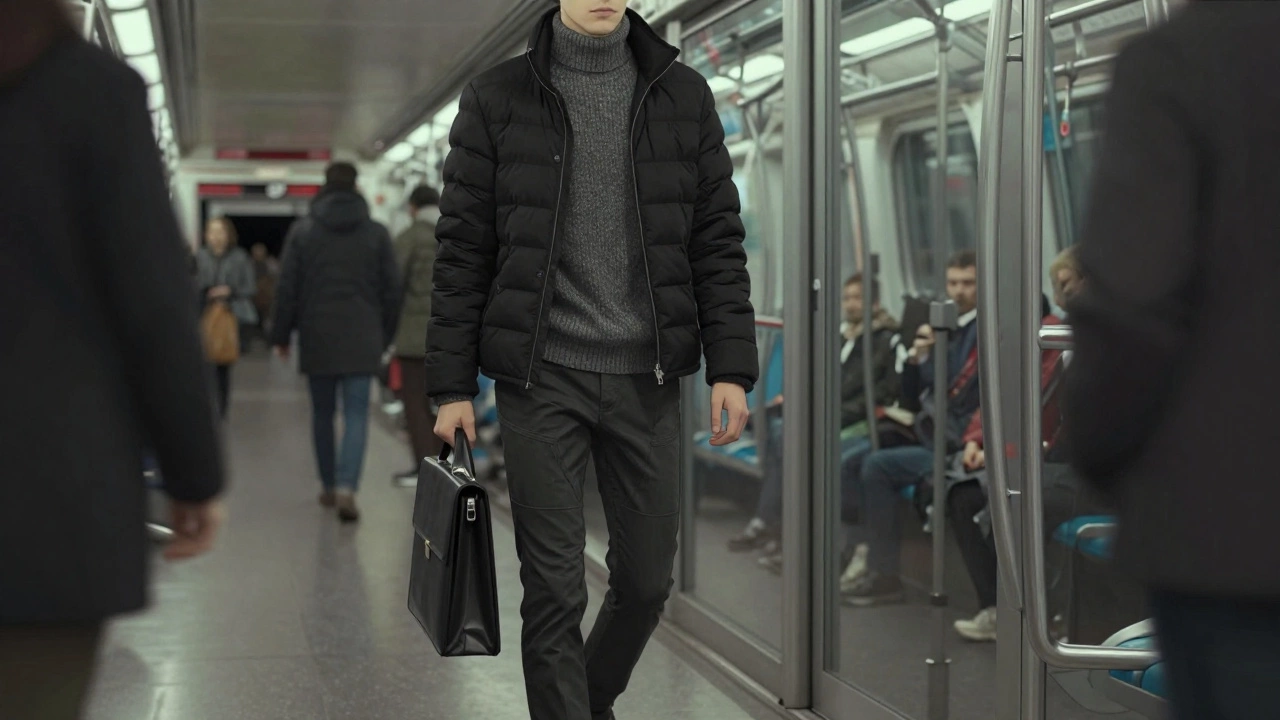 Мужчина в короткой куртке и узких брюках с эластичными вставками стоит в метро, держа сумку, в минималистичной городской обстановке.