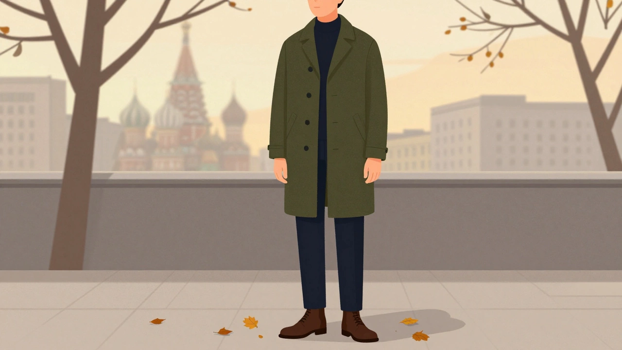 Мужчина в оливковом пальто и темно-синих брюках стоит среди осенних листьев в урбанистической обстановке.