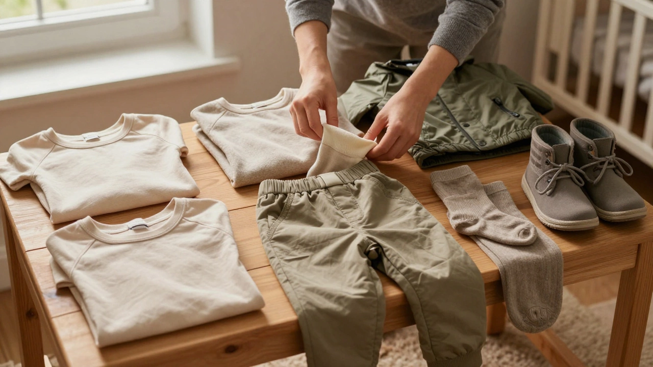 На деревянной скамье аккуратно сложены практичные детские вещи: футболки, флис, брюки с регулировкой и ботинки с липучками.