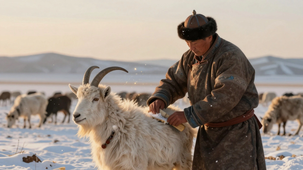 Пастух в горах аккуратно вычесывает подшерсток с козы на рассвете.