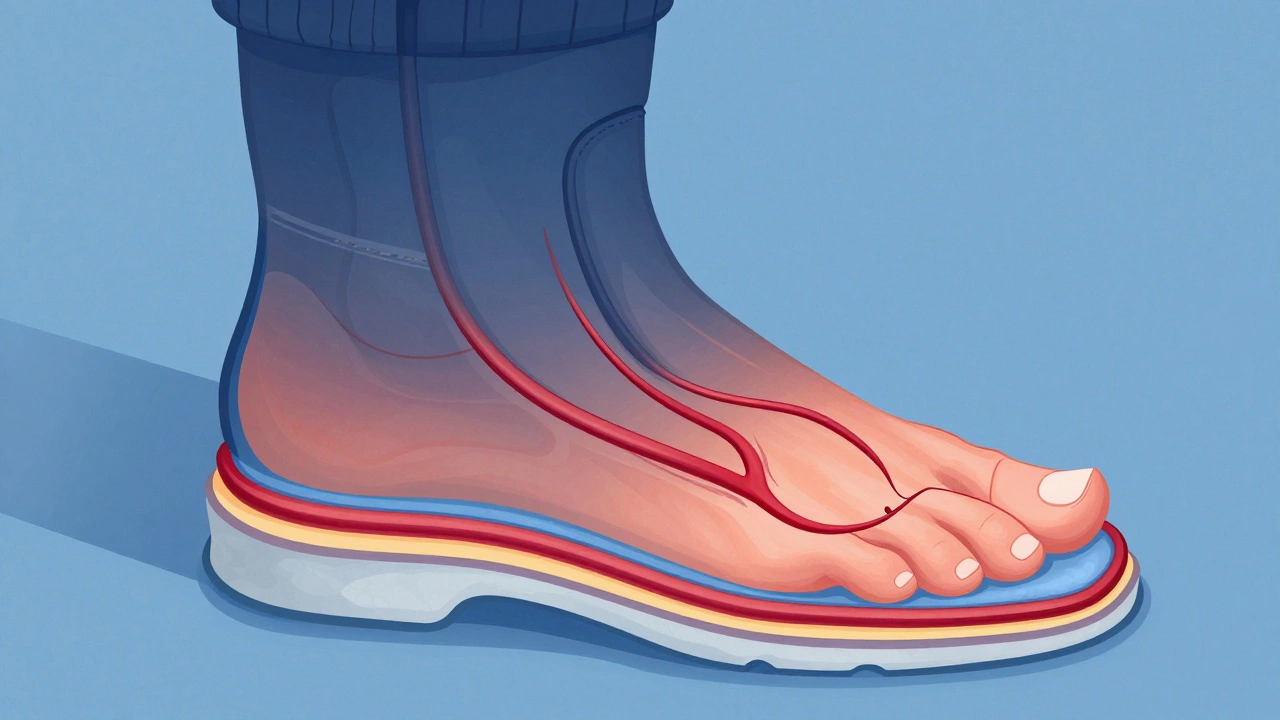 Разрез ноги в зимней обуви с показом оптимального зазора и кровотока при холоде.