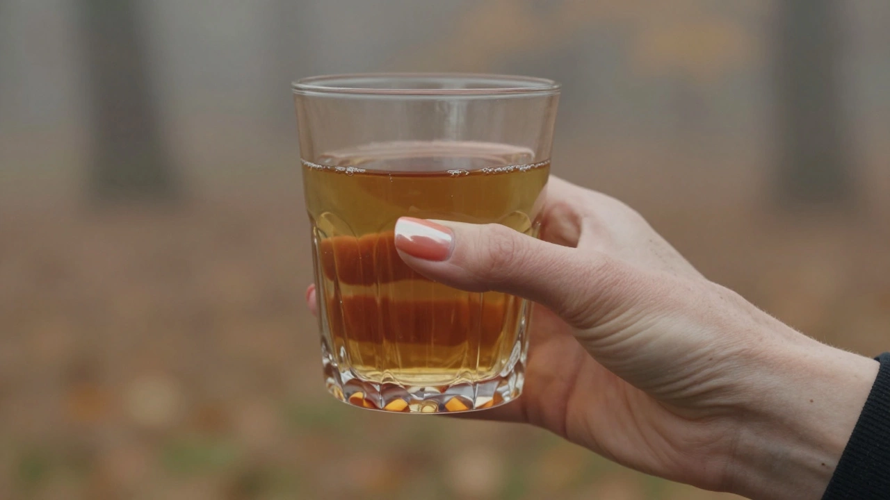 Рука держит чашку чая, персиковый глянцевый лак отражает свет, осенняя атмосфера